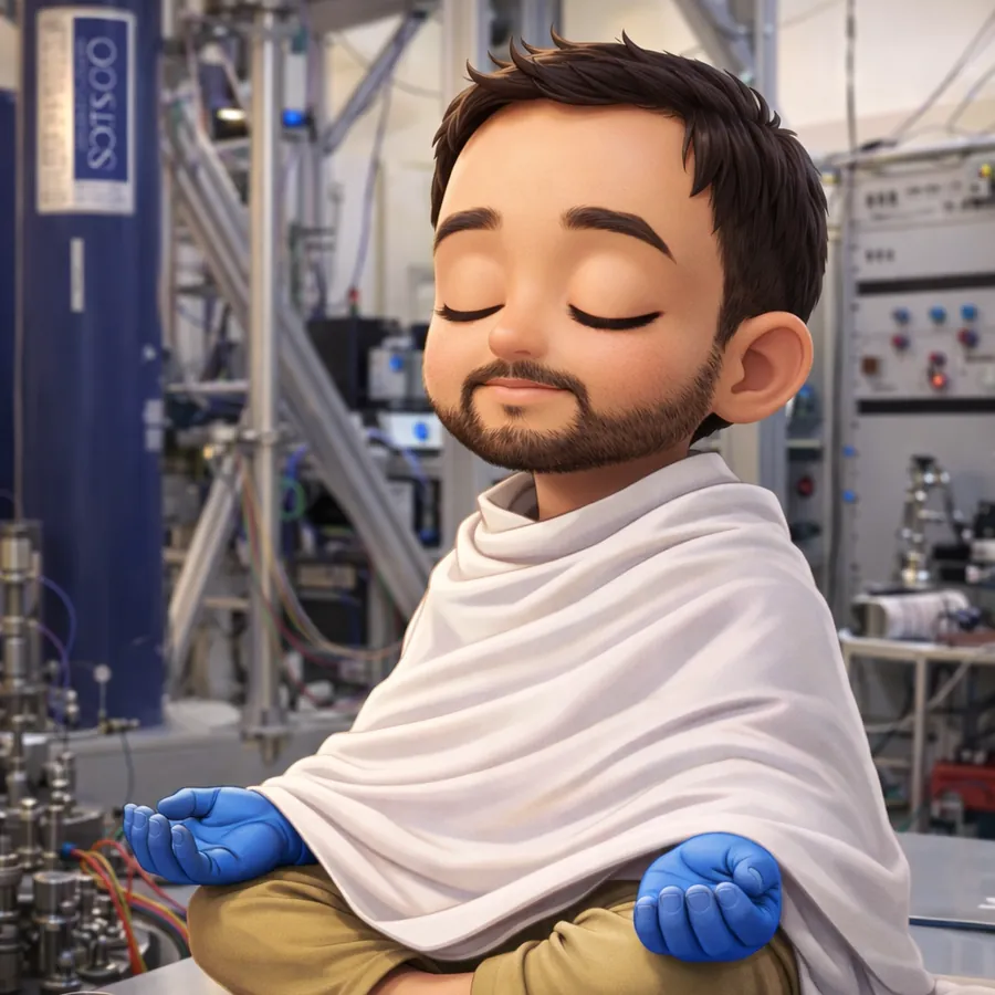 A cartoon illustration of Souvik meditating cross-legged on a lab bench, wrapped in a white shawl and wearing blue lab gloves.