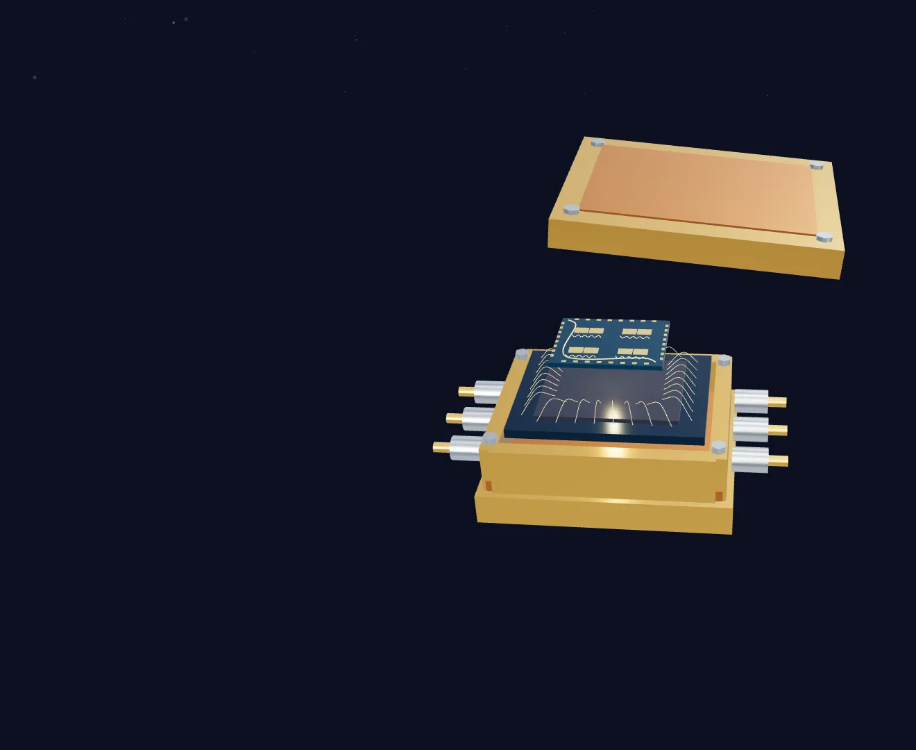 A quantum chip in its gold package, lid lifted.