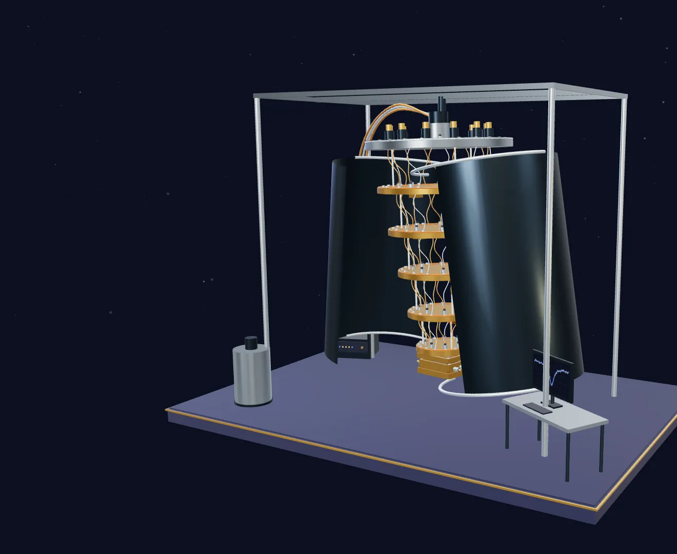 A model laboratory: a gold cryostat hanging in a frame, an electronics rack, and a bench with a plotted measurement.
