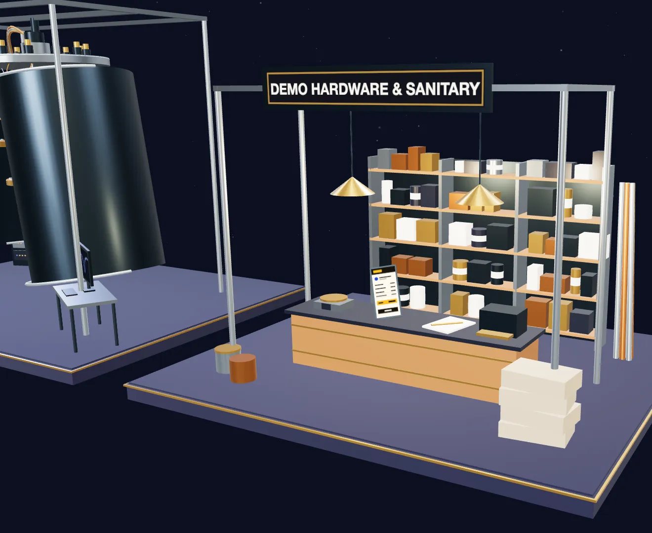 A model hardware shop: stocked shelves, a counter, and a phone showing a quotation.