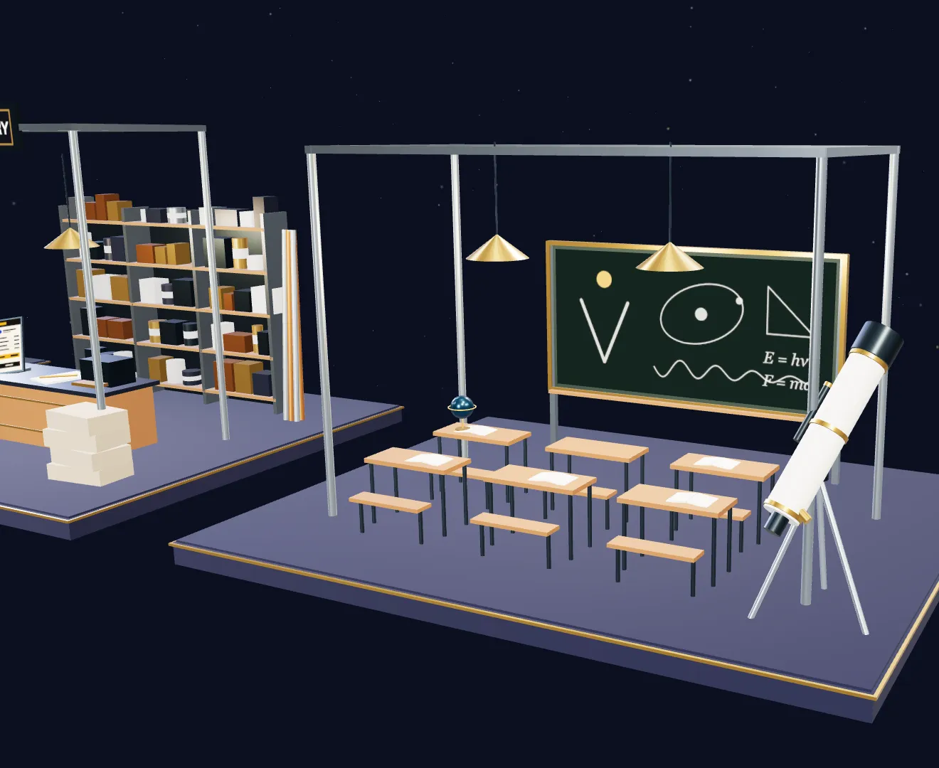 A model classroom: a blackboard, desks, and a telescope pointed at the sky.