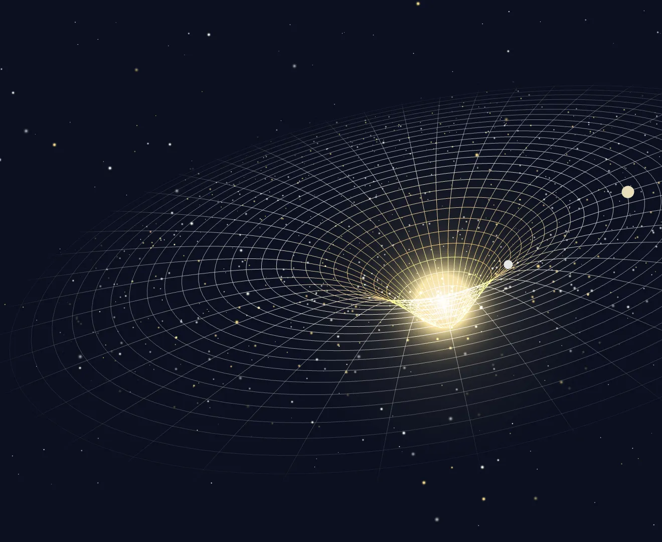 An illustration of curved spacetime: a glowing grid of space bent into a well, with matter scattered outward from a bright centre.
