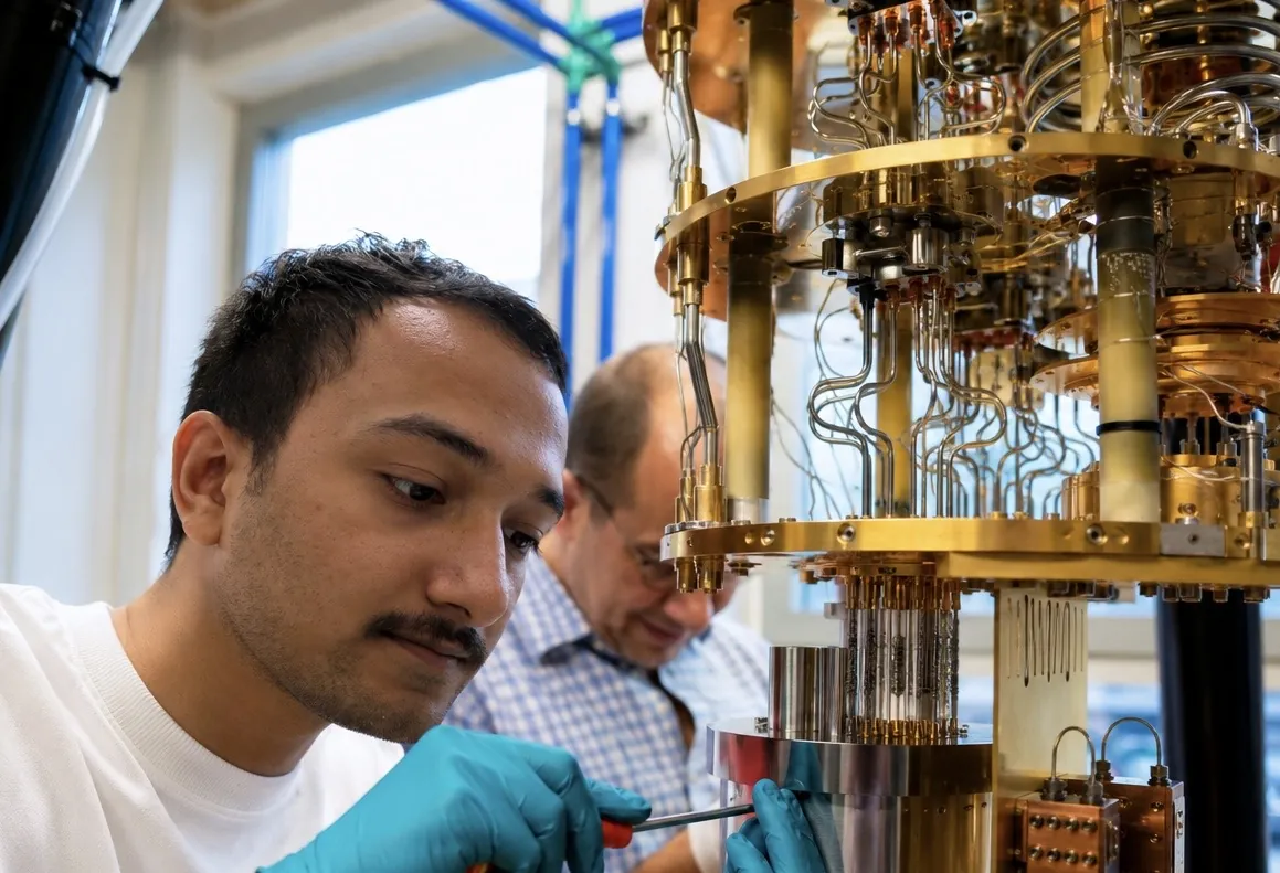 Souvik Ghosh in gloves working on the lower stages of a dilution refrigerator, a colleague looking on behind him.