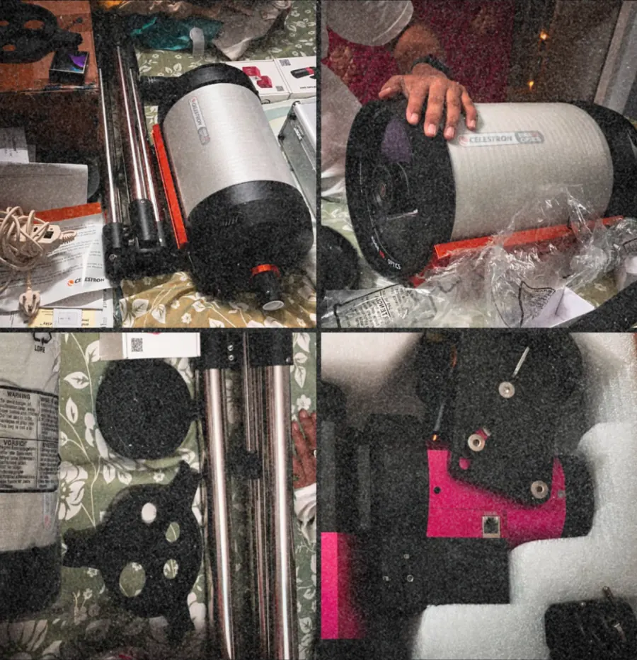 Four photographs of unpacked parts: the optical tube, tripod legs, counterweights and the mount in its foam case.